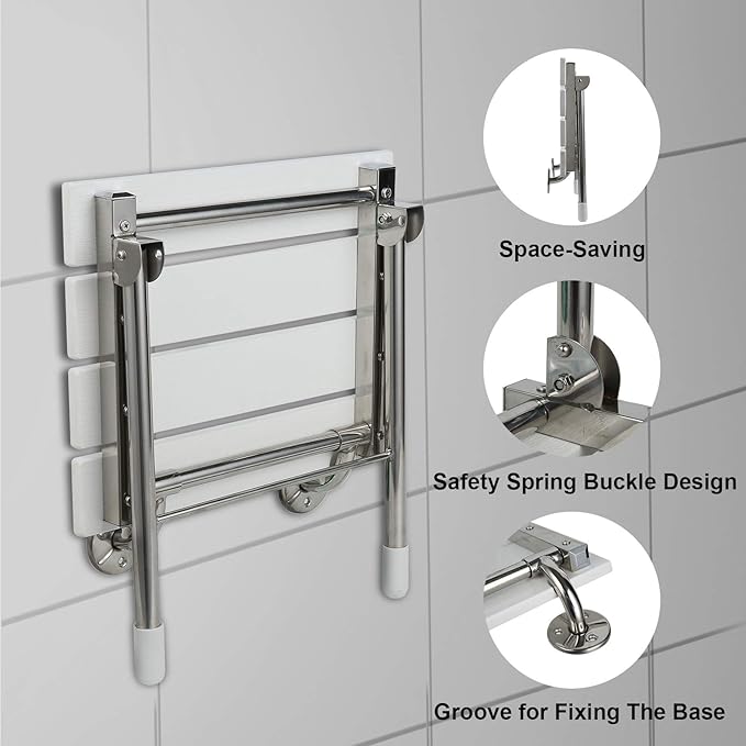 Folding Shower Seat Wall Mounted Bathroom Bathtub Safety Stool Chair, Solid Wood, with Support Legs, Load of 350 lbs, 14.88"(L)*12"(W)*17.12"(H) (WPC)