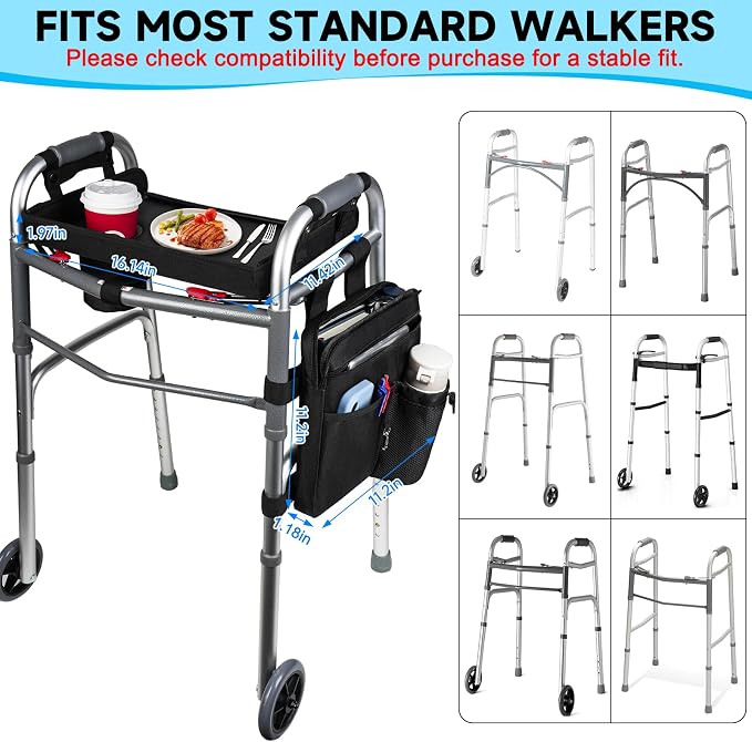 Walker Tray for Folding Walkers with Cup Holder & Side Bag, Adjutable Walker Tray Table Fits Most Standard Walkers, Non-Slip & Easy-Clean Leather Surface, Removable & Easy Assembly