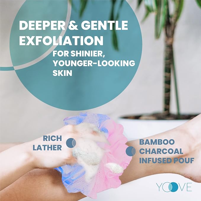 Yoove Pink Loofah Back Scrubber with Bamboo Charcoal Handle | Charcoal infused bath sponge with wooden handle, luffa pouf & hanging hook for men & women - exfoliating body scrubber stick