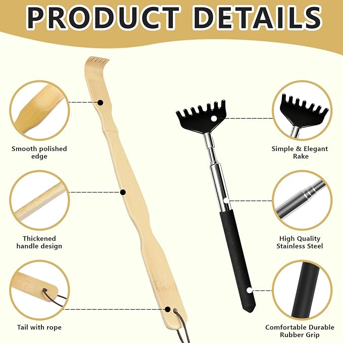 4 Pcs Back scratchers,Bamboo & Extendable Stainless Steel Back Scratcher | for Back,Neck,Shoulders,Back Scratcher for Men Women Elderly,Gifts for Thanksgiving Birthday Christmas