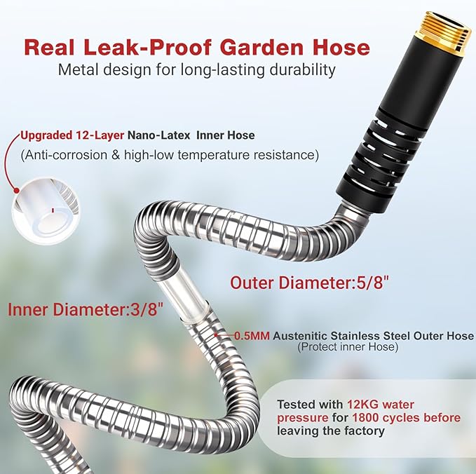 Lefree 25FT Stainless Steel Garden Hose | Lightweight Kink‑Free Leak‑Proof with Upgraded Rubber Sleeve, 10‑Pattern Nozzle for Patio, Backyard, Car Washing & Pet