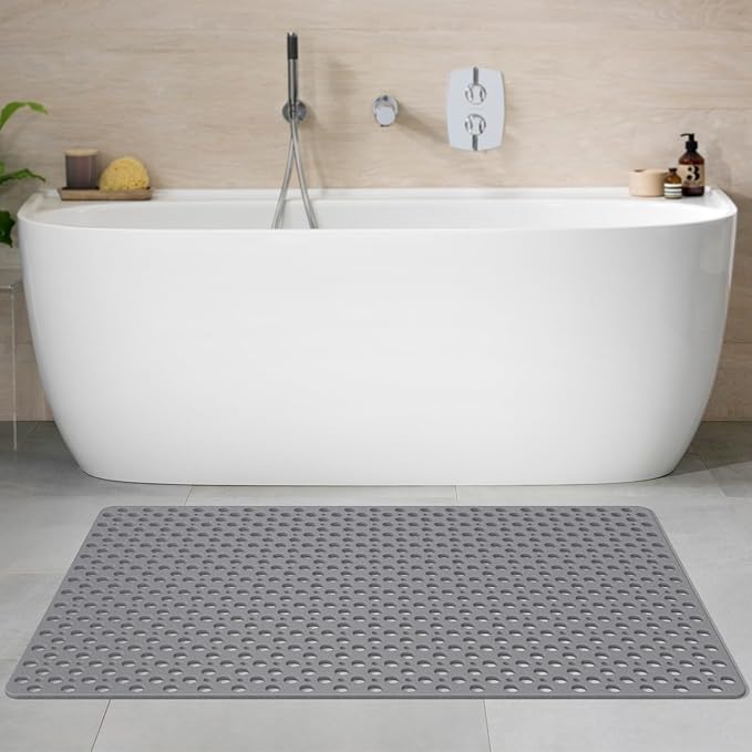 Yolife Large Shower Mat, 47 x 32 inch Non Slip Shower Mats for Inside Shower with Drain Hole, No Odor Soft TPE Shower Floor Mat, Extra Large Non Slip Shower Mat with Suction Cups, Grey