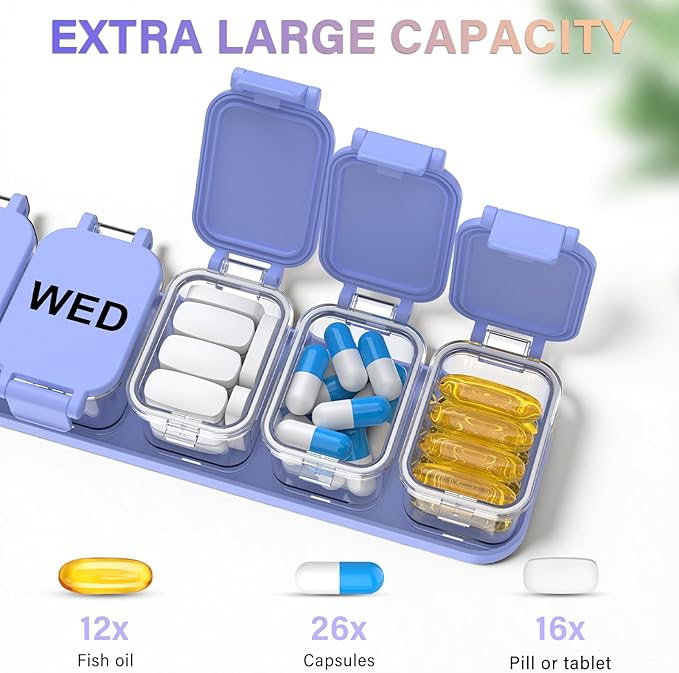 2-Pack Extra Large Weekly Pill Organizer, Travel Pill Box 7 Days, XL Vitamin Holder with 7 Detachable Compartments, Protable Medicine Organizer for Supplements
