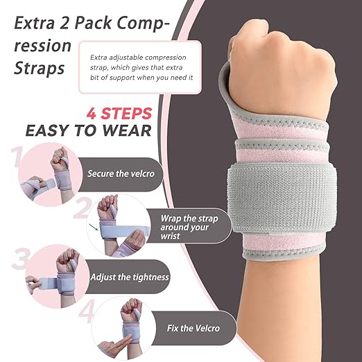Carpal Tunnel Wrist Brace for Right Left Hand 2 Pairs, Wrist Support Wraps for Women Men, Adjustable Wrist Brace for Tendonitis, Arthritis, Weightlifting, Sports, Day Night Support, Pink&Black