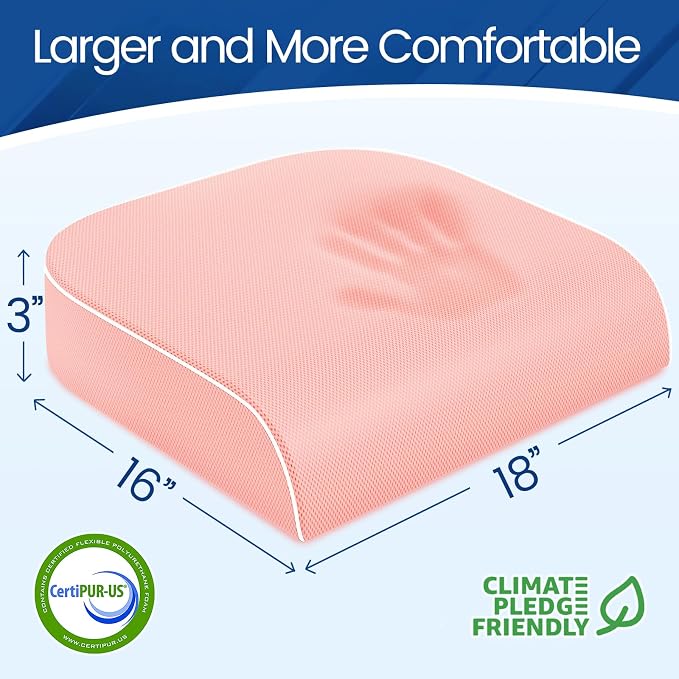 SweetSlubr Seat Cushion for Tailbone Pain Relief, Office Chair Cushion, Memory Foam Large Chair Pad with Non-Slip Cover for Soft Support at Office Chair, Car Seat, Airplane Pink/Large