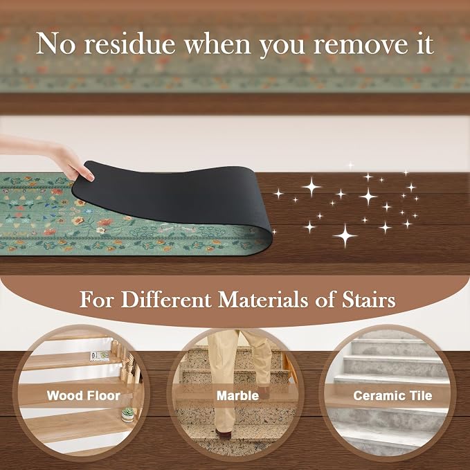 OJIA Non-Slip Stair Runner for Wooden Steps 15PC 30"x8" Carpet Stair Treads | Indoor Floral Stair Treads Carpet Stair Mats Staircase Step Treads for Kids, Elders and Dogs, Stair Covers, Green