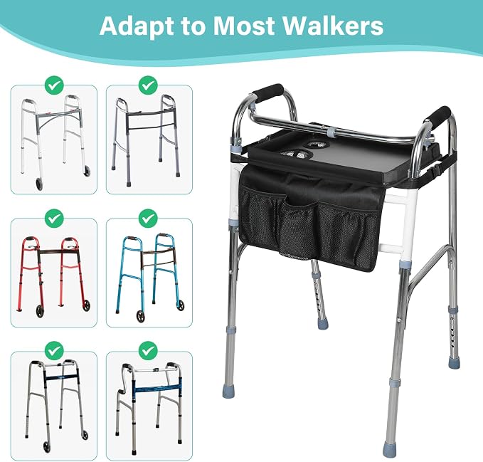 Walker Tray for Folding Walker, Trays for Walkers for Seniors Detachable with Cup Holder,Walker Trays for Rolling Folding Walker,Walker Accessories for Elderly (Black with Baffles)