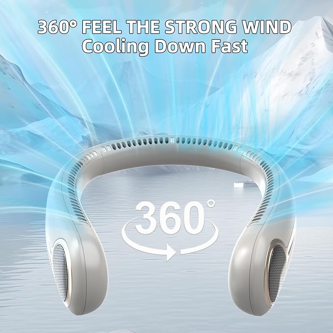 Portable Neck Fan, Personal Wearable Bladeless Fan, 6000mAh USB Rechargeable, 360° Airflow, LED Display, 4-Speeds, Hands Free Fan for Outdoor Indoor, Birthday Gifts for Men Women Dad Mom (Light grey)
