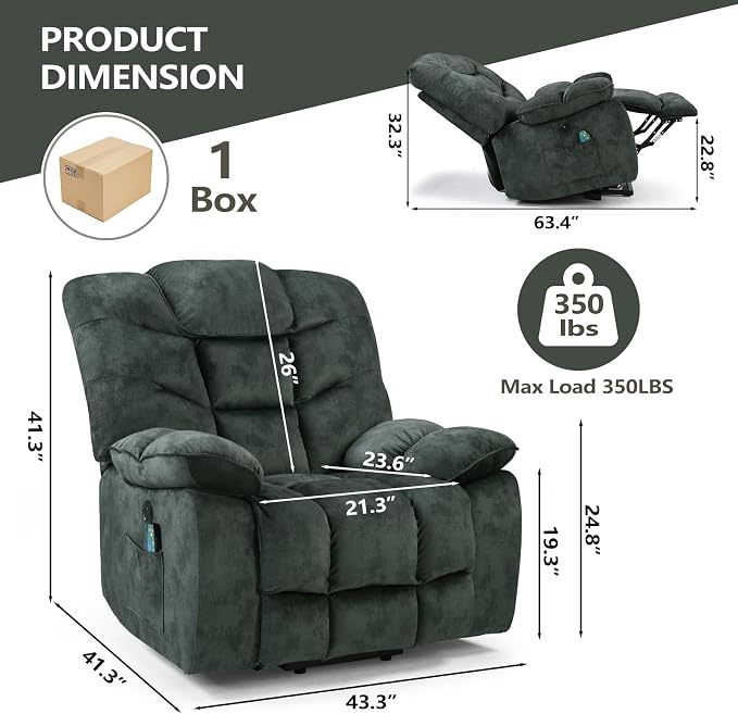 HAOMARKETS Oversized Power Lift Recliner Set of 2 with Massage and Heat for Elderly, Electric Lifting Reclining Chair with Side Pockets and USB Port for Living Room, Dark Green