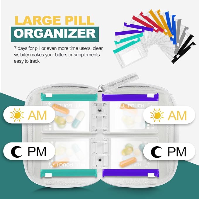 Timueetech A7 Waterproof Pill Organizer with 14 S Zippered Pill Pouches for A7 Binder, Small BPA-Free Weekly Medicine Organizer, Color-Coded Reusable Travel Pill Storage System
