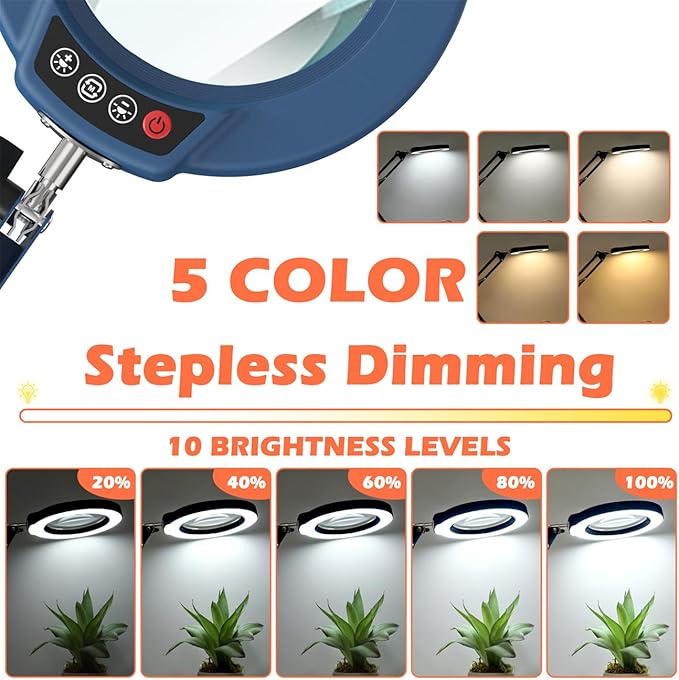 10X Magnifying Glass with Light and Stand, Real Glass Lens Desk Lamp, Lighted Magnifier with Light Stepless Dimming Hands Free for Craft, Reading, Painting, Sewing, Solder - Blue