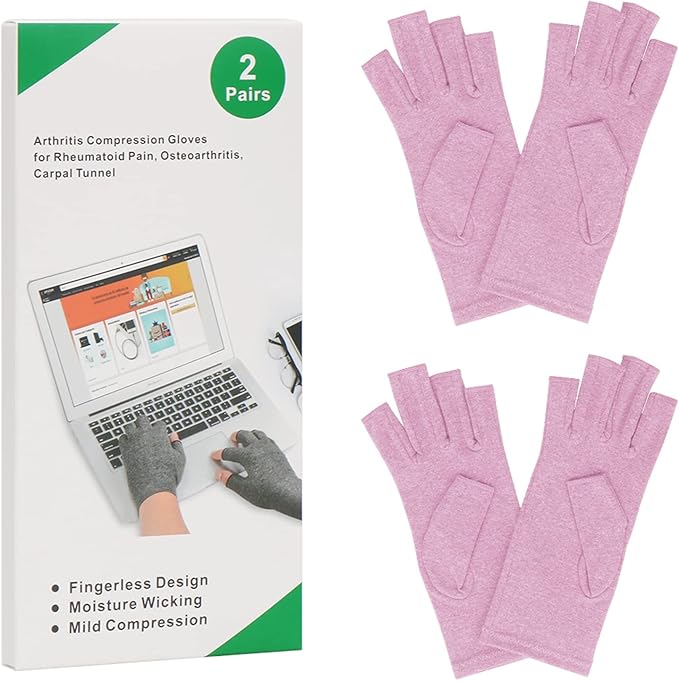 2-Pair Arthritis Compression Gloves for Alleviate Rheumatoid Osteoarthritis, Carpal Tunnel Raynauds Disease, Fingerless Design Breathable & Moisture, Women and Men (Purple, Small)