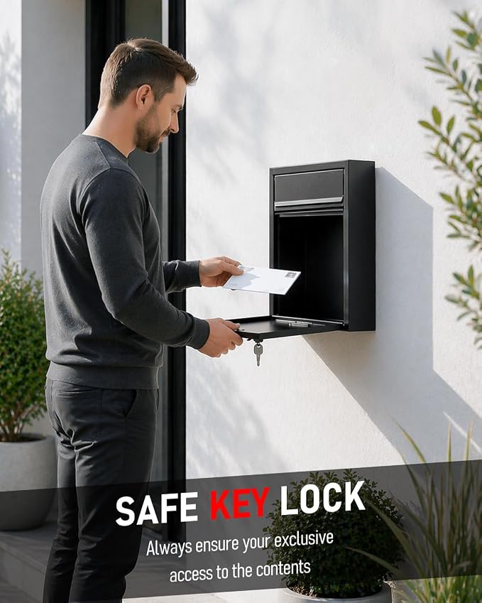 Uniclife Wall Mount Mailbox for Outside, Locking Mail Box, Black | Large Mailbox with Key Lock, Security Mail Box for House, Safe Key Drop Box, Steel Cash Drop Box for Home Office School