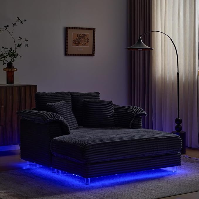 VINGLI Floating Chaise Lounge Chair with LED Light, Cloud Couch with Pillow Armrests, Acrylic Legs, High Density Foam Lounge Sofa, Modern Upholstered Chaise Chair for Living Room, Bedroom, Apartment