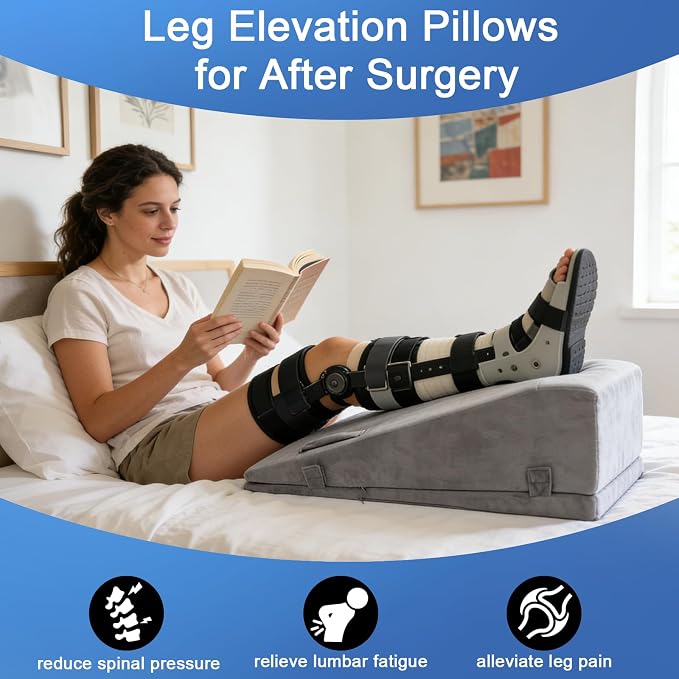 Adjustable Height Leg Elevation Pillows for After Surgery Foam Knee Surgery Pillow with Handles and Velvet Cover Foot Wedge Pillow for Legs Swelling and Blood Circulation
