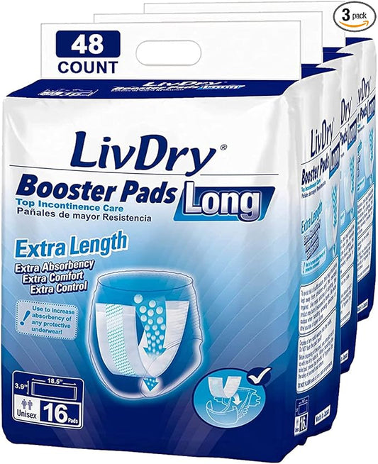 Incontinence Booster Pads by LivDry | Extra Absorbent Protection for Adults, Unisex | Disposable Comfortable Pad (48 Count, Long Length)
