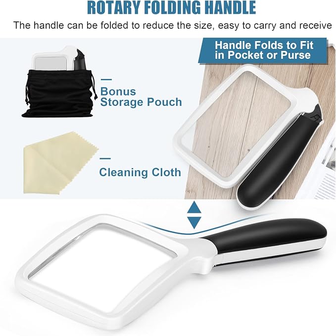 Folding Handheld Magnifying Glass with Light, 3X Large Rectangle Reading Magnifier, Dimmable for Seniors with Macular Degeneration, Newspaper, Books, Small Print, Lighted for Low Visions White Black
