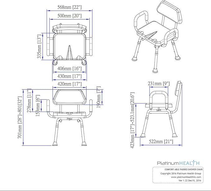 Platinum Health Shower Chair, Bath Chair, Padded with Armrests, Comfortable(tm) Deluxe Shower Chair. Institutional Quality. (Gray)