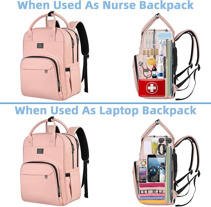 MATEIN Nursing Backpack, Home Health Nurse Bag with Removable Organizer | Womens Medical Backpack fit 15.6 Inch Laptop, Waterproof Clinical Doctor Work Bag for College, Pink Nursing Essentials