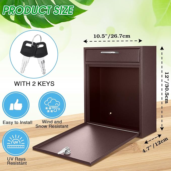 Yaocom Locking Mailbox with Key for Outdoor 12 x 10.5 x 4.7 Inches Large Wall Mount Mail Box with Lock Security Mail Drop Metal Collection Boxes Hanging Secure Postbox(Brown)