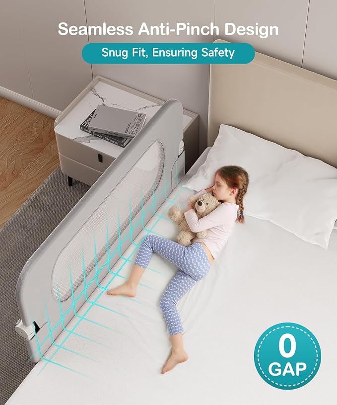 Bed Rail for Toddlers - 59 Inch Foldable Baby Guard | Height Adjustable | Foldable | Fits Full/Queen/King/Twin Beds | U-shape base provides Safety sleep protection | Grey