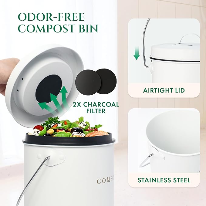 FINESSY Kitchen Compost Bin Countertop White, Indoor Composter 1.3 Gallon | Countertop Compost Bin with Lid Charcoal Filter (2) & Removable Inner Bucket. Dishwasher Safe Composting Bin.