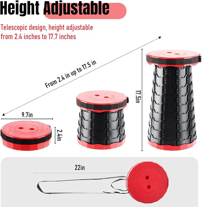 Doseno Collapsible Chair, Portable Collapsible Stool 2 Pack for Adults, Red | Banco plegable con altura ajustable y correa; pop up chair and foldable retractable stool for camping, fishing and hiking
