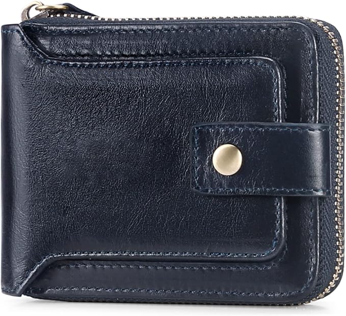 GOIACII Zipper Wallet for Men Genuine Leather RFID Blocking Mens Wallet with Zipper Coin Pocket ID Window Zipper Wallets Large Capacity