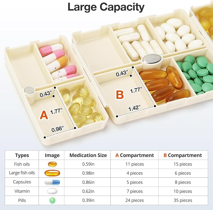 FYY Weekly Pill Organizer 2 Times a Day, Magnetic Travel Pill Box AM PM with Easy Open – 7-Day Daily Pill Case Medicine Organizer for Vitamins,Supplements - Beige