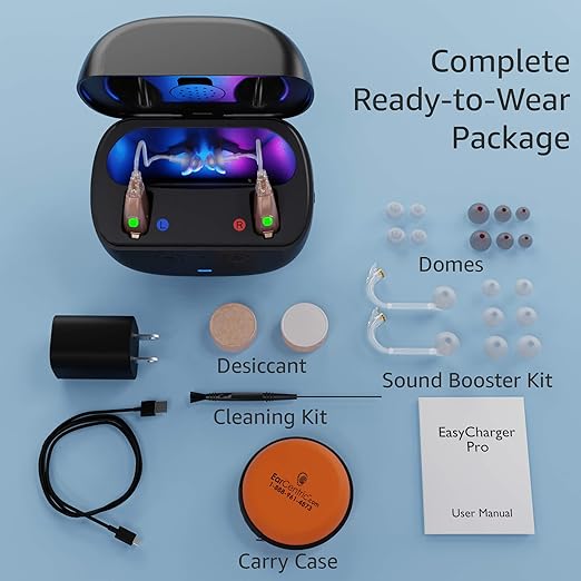 EarCentric EasyCharge PRO Digital OTC Hearing Aids for Seniors – No App, No Bluetooth Needed – Remote Control Charging Case with UV Light & Auto-Dryer