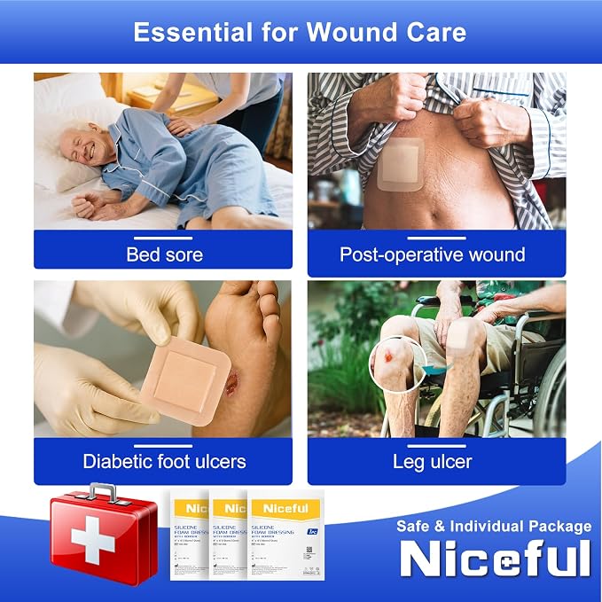 Niceful Silicone Foam Dressing 4"x4", Waterproof Silicone Bandages with Border Adhesive, High Absorbency Bed Sore Bandages Wound Care Dressing (2.5"X2.5" Pad), 5 Packs, FSA HSA Eligible