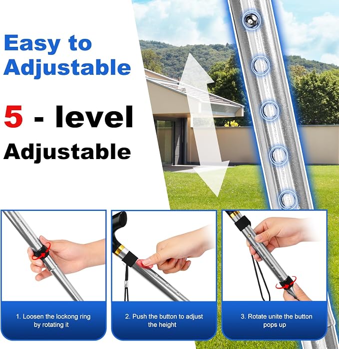 MFE Folding Cane, Portable 5-Level Adjustable Height Walking Stick with Foldable Design, Wrist Strap, and T Handle for Men and Women