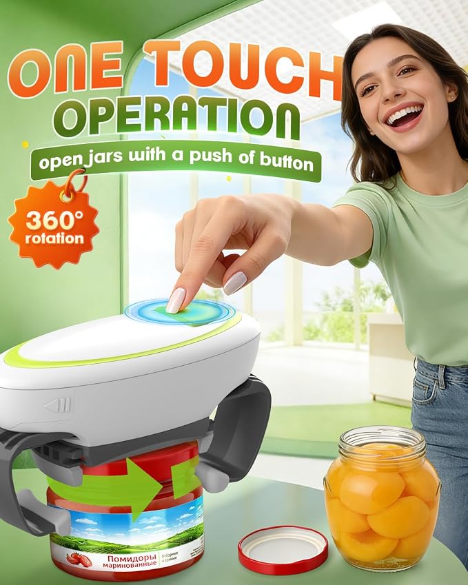 Electric Jar Opener One Button High Torque, Hands-Free Jar Opener for Weak Hands & Seniors, Battery Operated Jar Opener Kitchen Tool Fits Most Jar Sizes White+Green