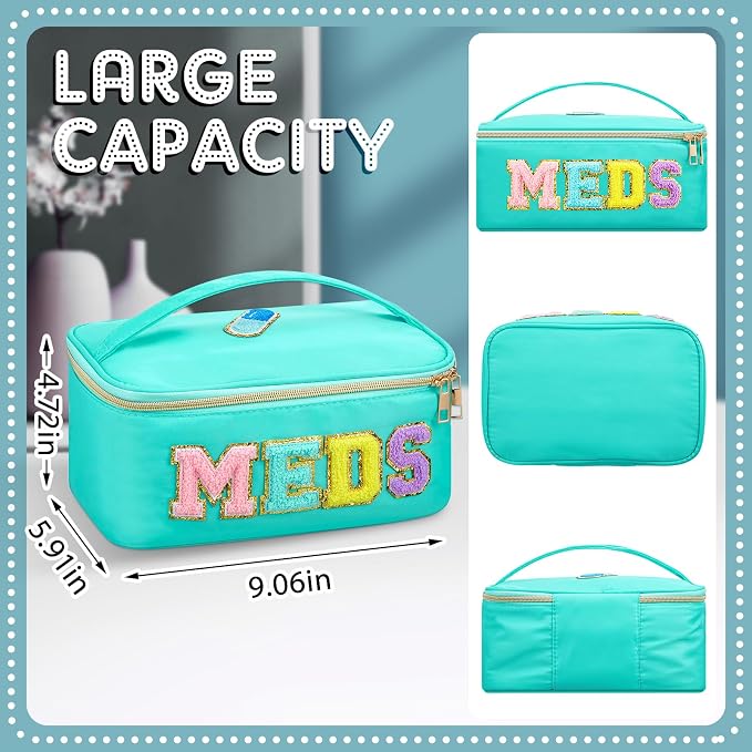 Geetery Clear Makeup Bag Chenille Letter Meds Bag Travel Cases Preppy Patch with Zipper, Portable Cosmetic Toiletry Storage case for Women(Meds,Green)