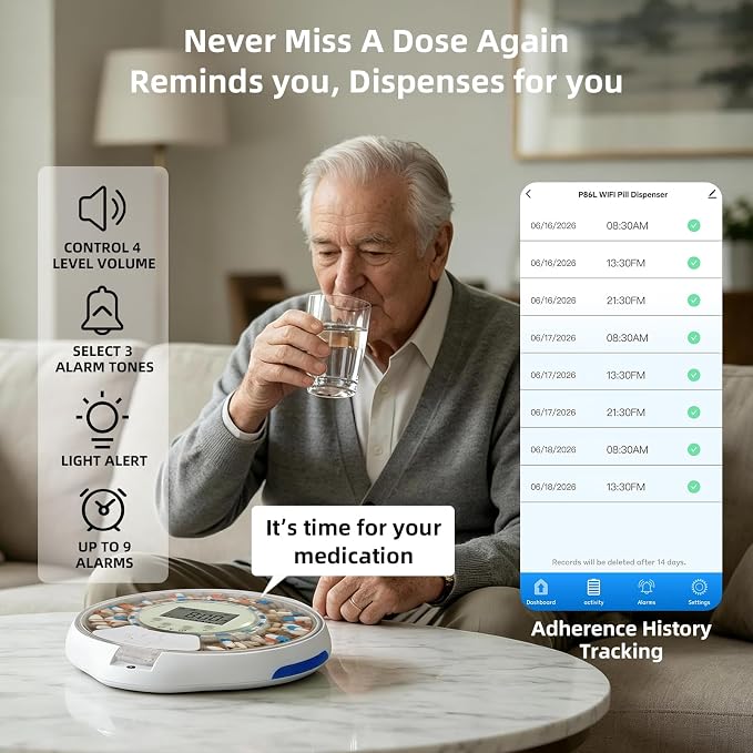 JULOS WiFi Automatic Pill Dispenser with Remote App Monitoring for Elderly | Adherence Tracking Medication History, Up to 9 Alarms, Sound & Light Reminders, for Seniors, Dementia & Alzheimer's Care