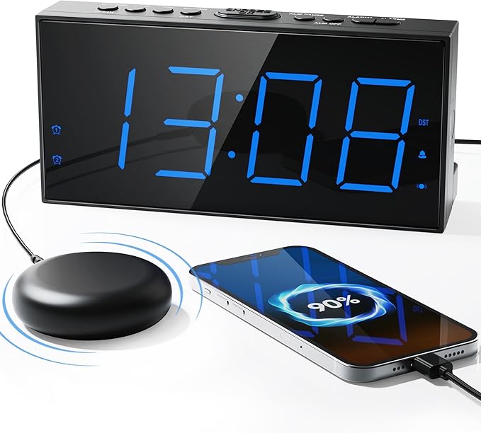 Roxicosly Alarm Clock with Bed Shaker, Vibrating Alarm Clock for Heavy Sleepers/Hard of Hearing/Deaf,Dual Alarms, 7.5’’ Large LED Display, Dimmer, USB Charging Port, Plug-in with Memory Function