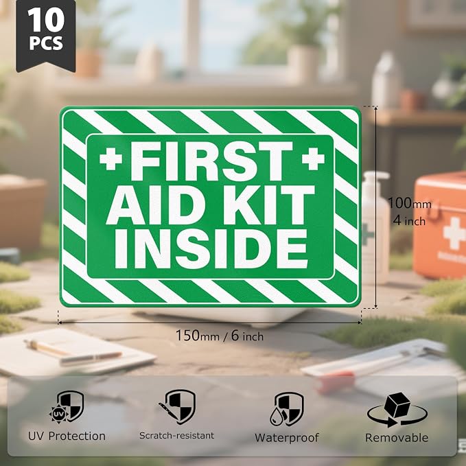 10 PCS Emergency First Aid Kit Inside Stickers 6 × 4 Inches | Vinyl, Strong Adhesion, Waterproof, Weatherproof, Self Adhesive, Peel and Stick, Ideal for Truck, Equipment, Business, Office
