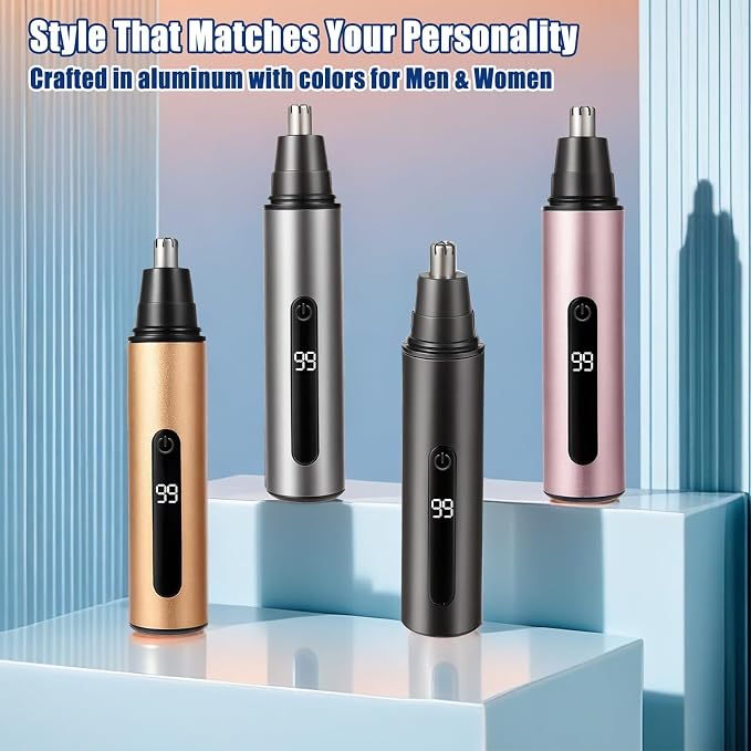 Nose Hair Trimmer for Men and Women,USB Rechargeable Eyebrow & Facial Hair Remover with LED Display,Aluminum Alloy Shell with IPX7 Waterproof,Dual Edge Blades for Easy Cleaning (Black)