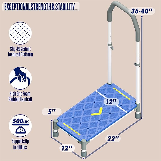 Extra Long Step Stool with Handle for Elderly(22 Inch), Heavy Duty Stepping Stool with Adjustable Handrails for High Beds, Non-Skid Platform Foot Stool for Adults, Seniors, Handicapped (1 Step Blue)