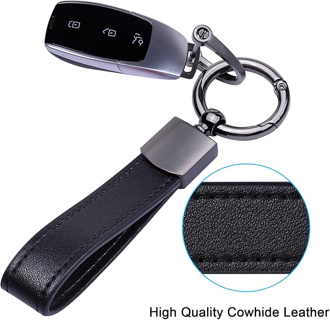 Wisdompro Genuine Leather Car Keychain, Universal Key Fob Keychain | Leather Car FOB Key Chain Holder for Men and Women, 360 Degree Rotatable, with Anti-lost D-ring and 3 Keyrings