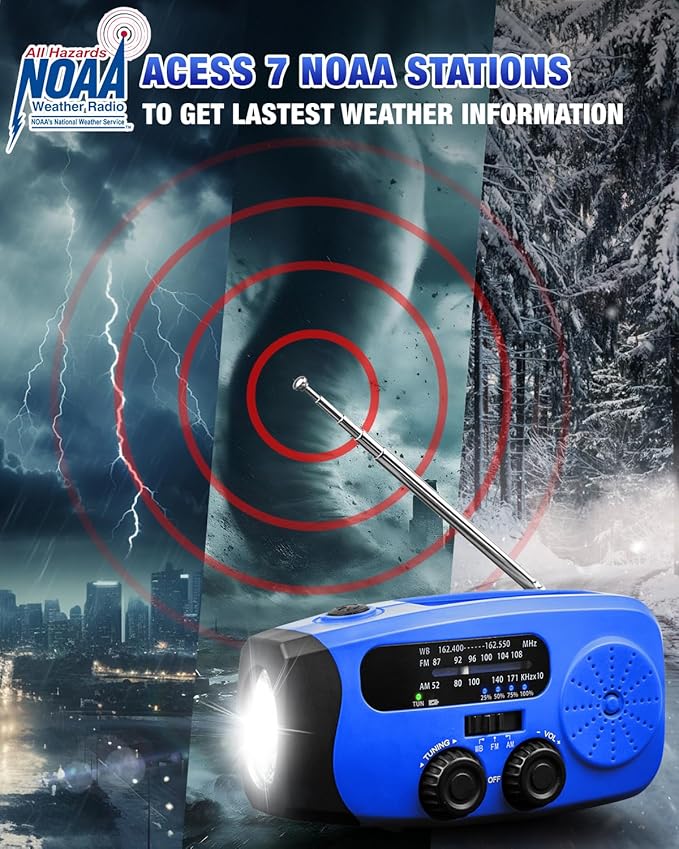 Hand Crank Radio with AM/FM/NOAA Weather Bands,for Emergencies, Camping | 3 LED Flashlights,SOS Function,Solar Powered,Hand Cranked, 2000mAh/7400mWh Charger,for Power Outage - Blue