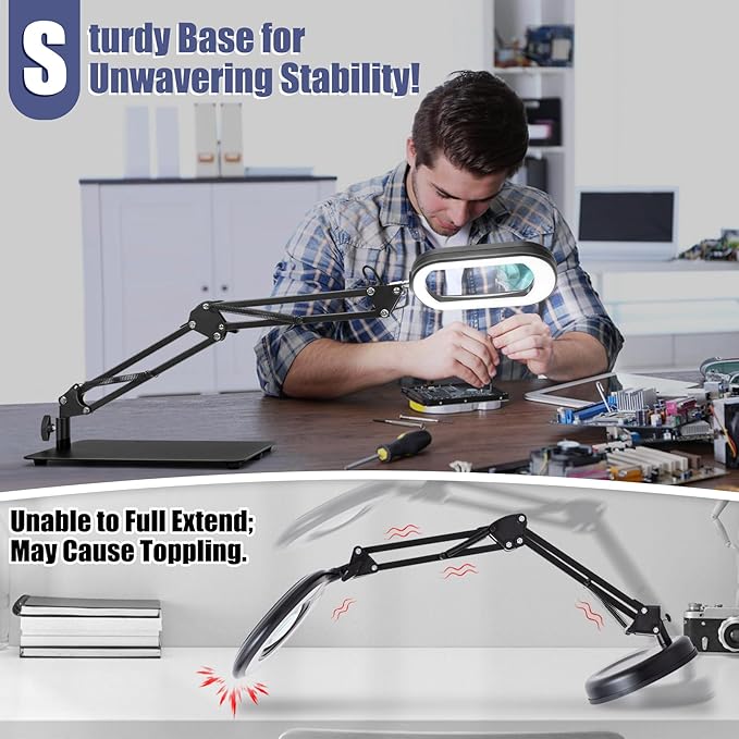 Drdefi 12X Square Magnifying Glass with Light and Stand, Real Glass LED Lighted Magnifier, 5 Color Modes Stepless Dimmable, Hands-Free Mag Desk Lamp with Clamp for Reading Craft Hobby Close Work Black