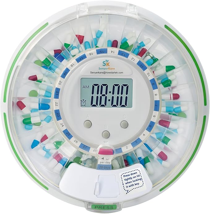 Automatic Pill Dispenser with Safety Lock for Seniors, Dementia | Light & Sound Alarm, 28-Day Electronic Medication Dispenser Up 6 Times/Day, Easy Read Display, Clear Lid