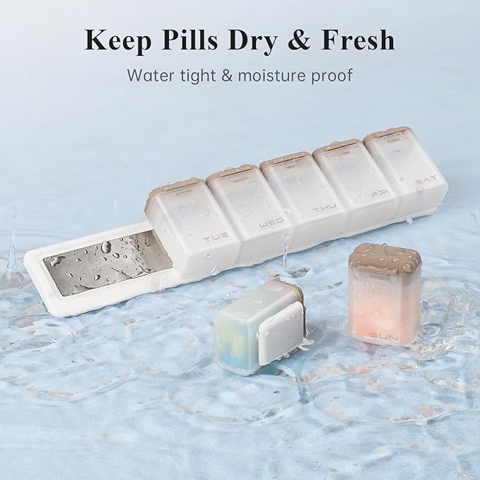 Weekly Pill Organizer Magnetic, Removable Pill Box 7 Day 1 Time a Day, Large Pill Case Travel, Week Once Daily Medication Dispenser, Medicine Container Holder for Supplement Vitamin, Brown