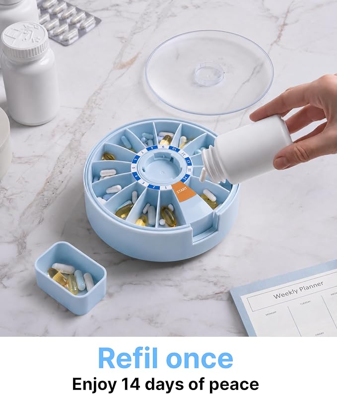 Pill Dispenser 14 Day – Rotating Medicine Organizer Wheel with Push Button, Wall Mounted or Desktop Manual Pill Dispenser for Elderly & Seniors, Large Capacity Vitamin & Medication Organizer
