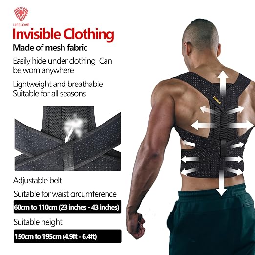 LifeLove Adjustable Posture Support Brace for Upper Back & Shoulders, Fits Height Under 200cm & Waist Under 120cm (Shoulder 105cm, Waist 115cm, Back 40cm), One Size (Black White, One Size Fits Most)