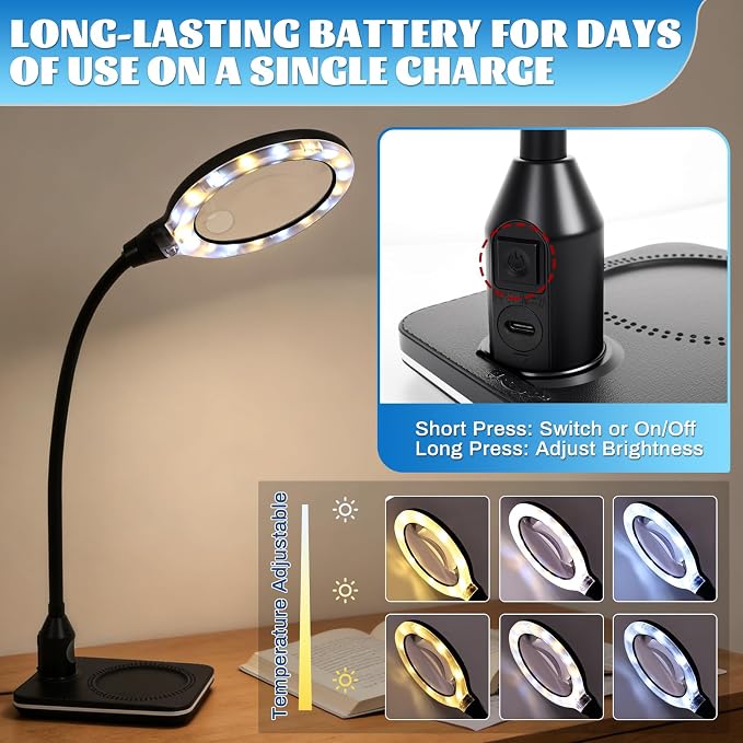 15X 30X Rechargeable Magnifying Glass with Light and Stand, 6 Color Adjustable dimming, Handheld Magnifying Desk lamp with LED Light, Suitable for Reading, Drawing, handicrafts and Detailed Work