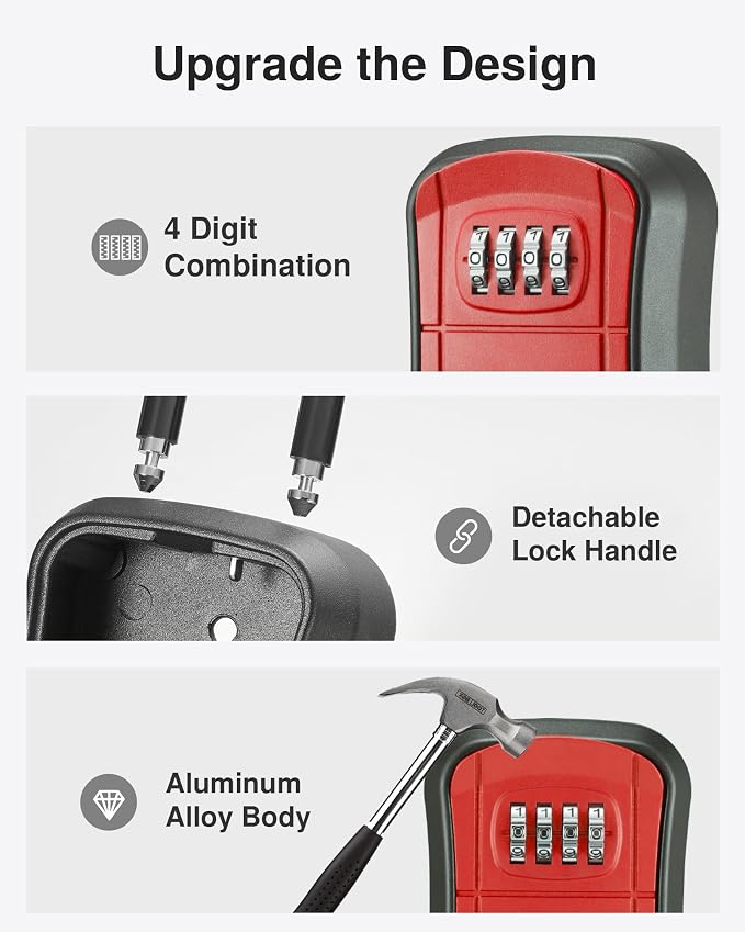 Puroma Key Lock Box Outdoor 4 Digit Code Combination Lockbox House, 1 Red | For Contractors Guest Realtor Storage Keys, Portable, Home Wall Mount, Resettable, Combination, Weatherproof, High-capacity