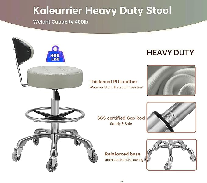 Kaleurrier Swivel Stool Chair Adjustable Height,Heavy Duty Hydraulic Rolling Metal Stool for Kitchen,Salon,Bar,Office,Massage (with Back Rest) (Grey)
