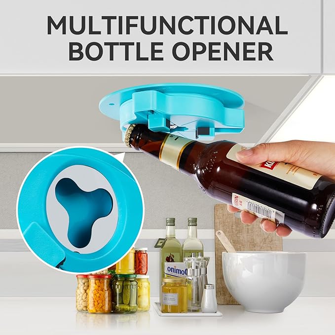 Jar Opener Bottle Opener for Seniors with Arthritis - Under Cabinet Jar Opener for Weak Hands, Rotary Lid Opener, Easy Twist-Off Lids for Jars & Bottles, Original Kitchen Gadgets (Cyan)